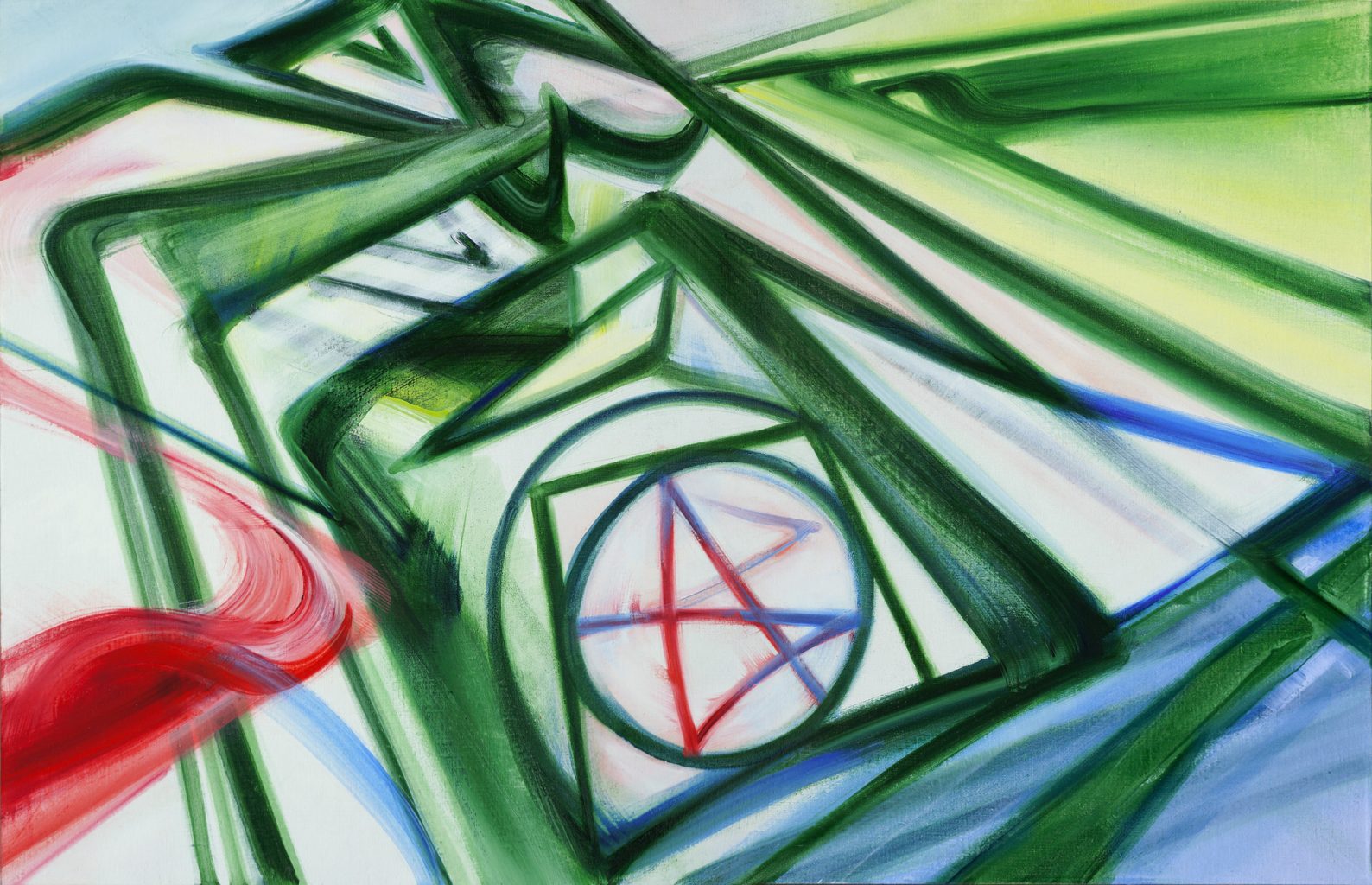 Dub Housing (for David T.) | Oil & enamel on linen, 40” x 62” / 101 x 157.48 cm.